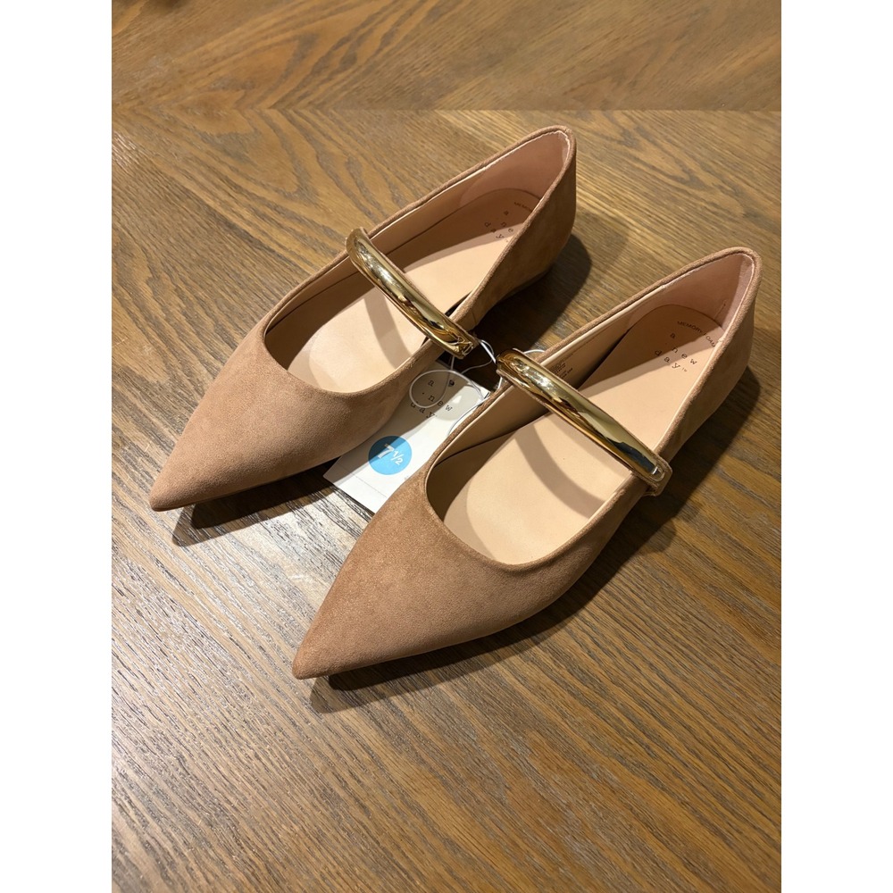 A New Day Tan Faux Suede Pointed Toe Mary Jane Flats Gold Strap Size 7.5